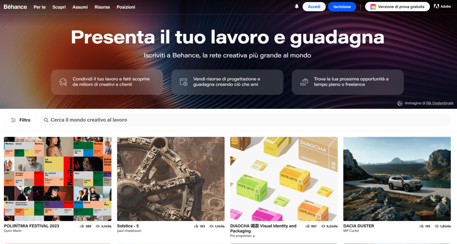 homepage piattaforma lavoro online Behance
