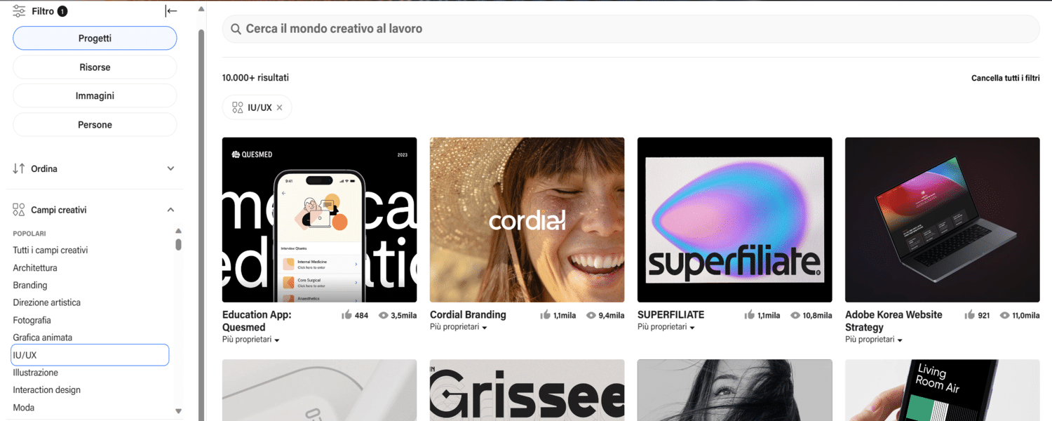 pagina web Behance filtri di ricerca UI/UX
