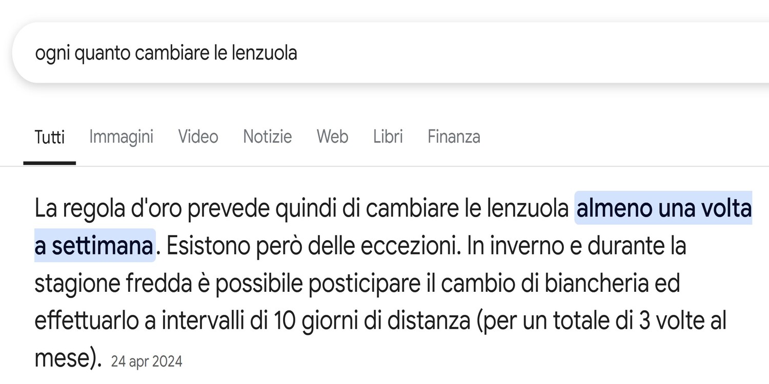 ogni quanto cambiare le lenzuola risultato su google