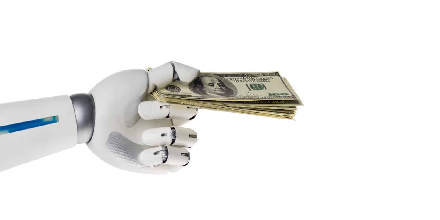 mano robot ia pubblicità porge dollari