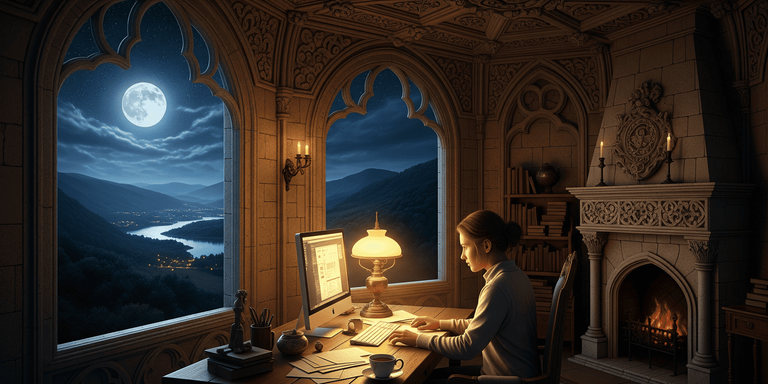 scrittrice lavoro notturno nella sua torre d'avorio
