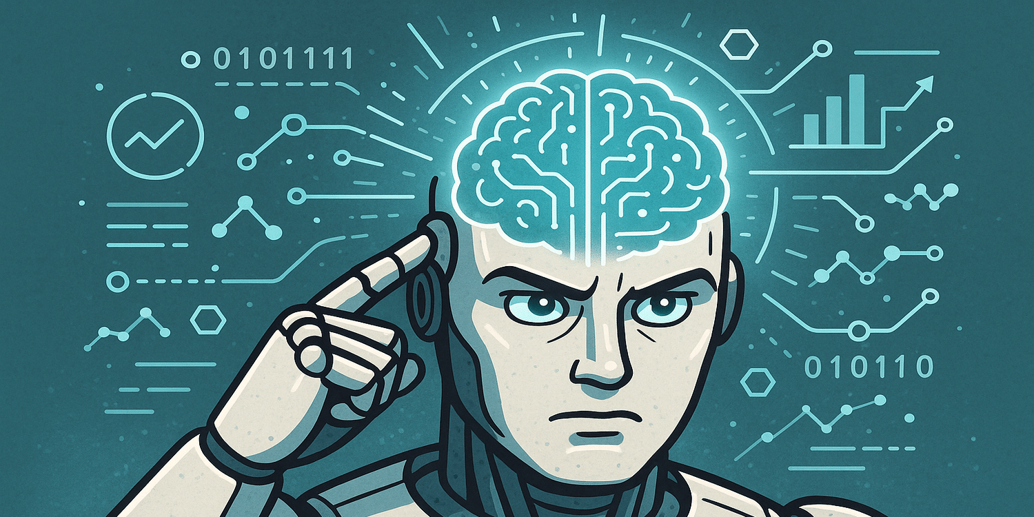 IA agentica androide si tocca tempia attiva cervello grafici e codici