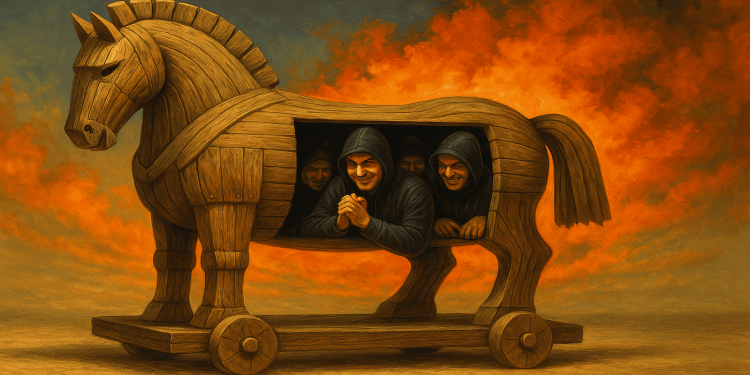 cavallo di troia e scammer dentro che si sfregano le mani e ridono