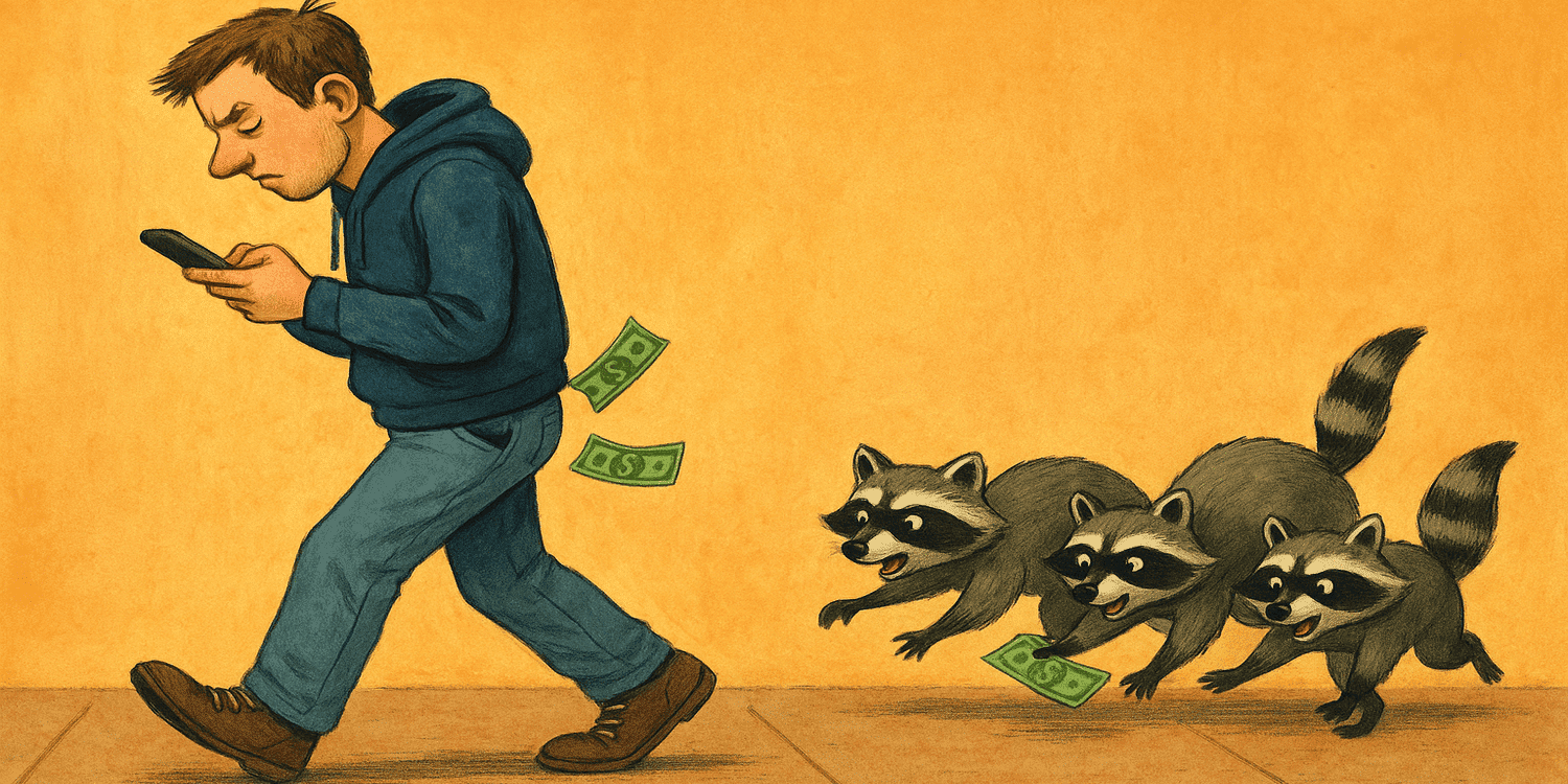 procioni rubano soldi che cadono da tasche uomo al telefono